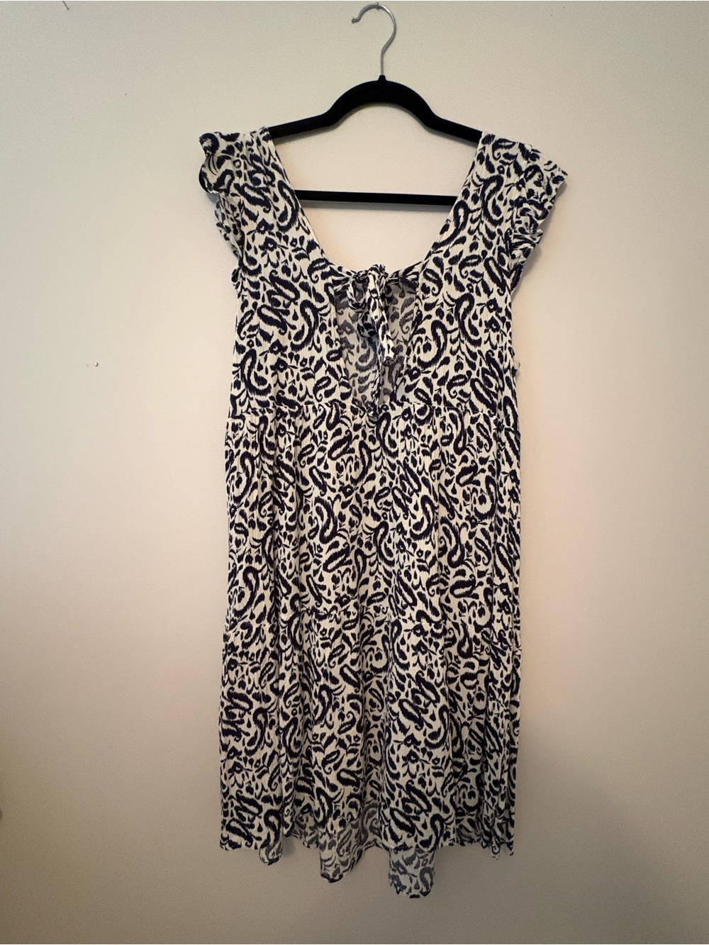 Navy Blue & Cream Paisley Crinkle Tie-Back Flutter Sleeve Midi Dress Size XL - Picture 4 of 6
